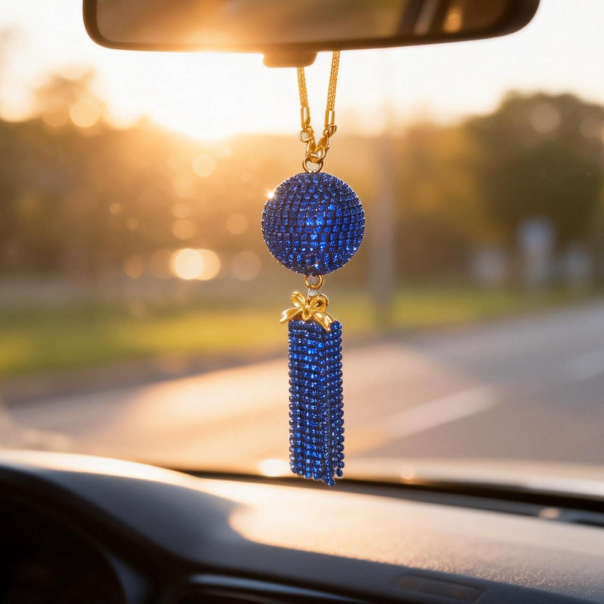 Bling Rear View Mirror Ornament for Women - Sparkling Crystal Ball with Rhinestone Tassel, Girly Cute Car Mirror Hanging Pendant Decor Accessories (Dark Blue)