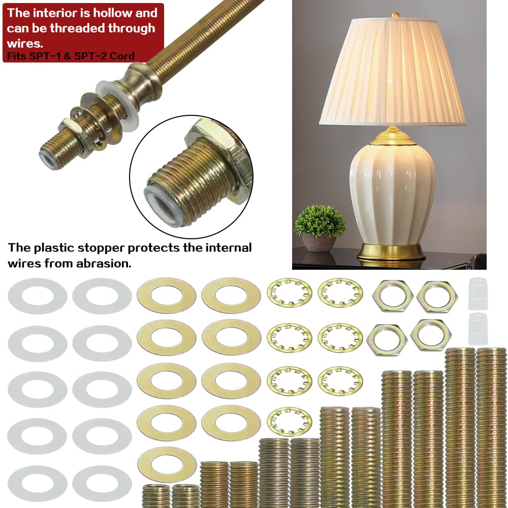 Asjeumt 136 Pieces All Thread Lamp Pipe Lamp Rod Repair Hardware Parts Kit Includes Lamp Nipples, Coupler Pipes Connectors, Lock Nuts, Plastic Stopper and Washers, for Assembly DIY Making Lamps