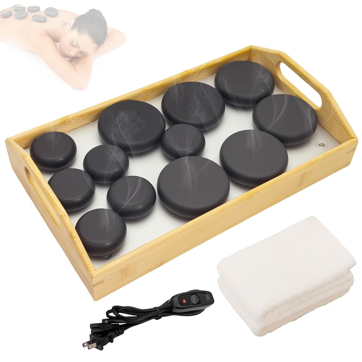 Goodtar Hot Stones Massage Set with 12 Stones & 2 Towels – Massage Tools for Deep Tissue Pain Relief | Professional Hot Rocks Massage Stones Warmer Kit with Bamboo Heater Box for Home Spa Warming