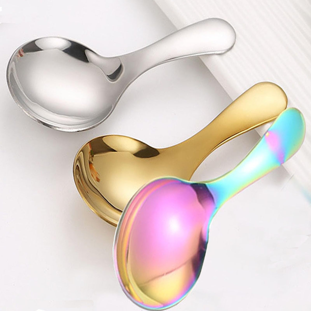 6 Pcs Stainless Steel Short Handle Thickened Small Round Spoons For Honey Candy Tea Salt Jam and Mustard - Ice Cream Dessert Spoon (E Yellow)