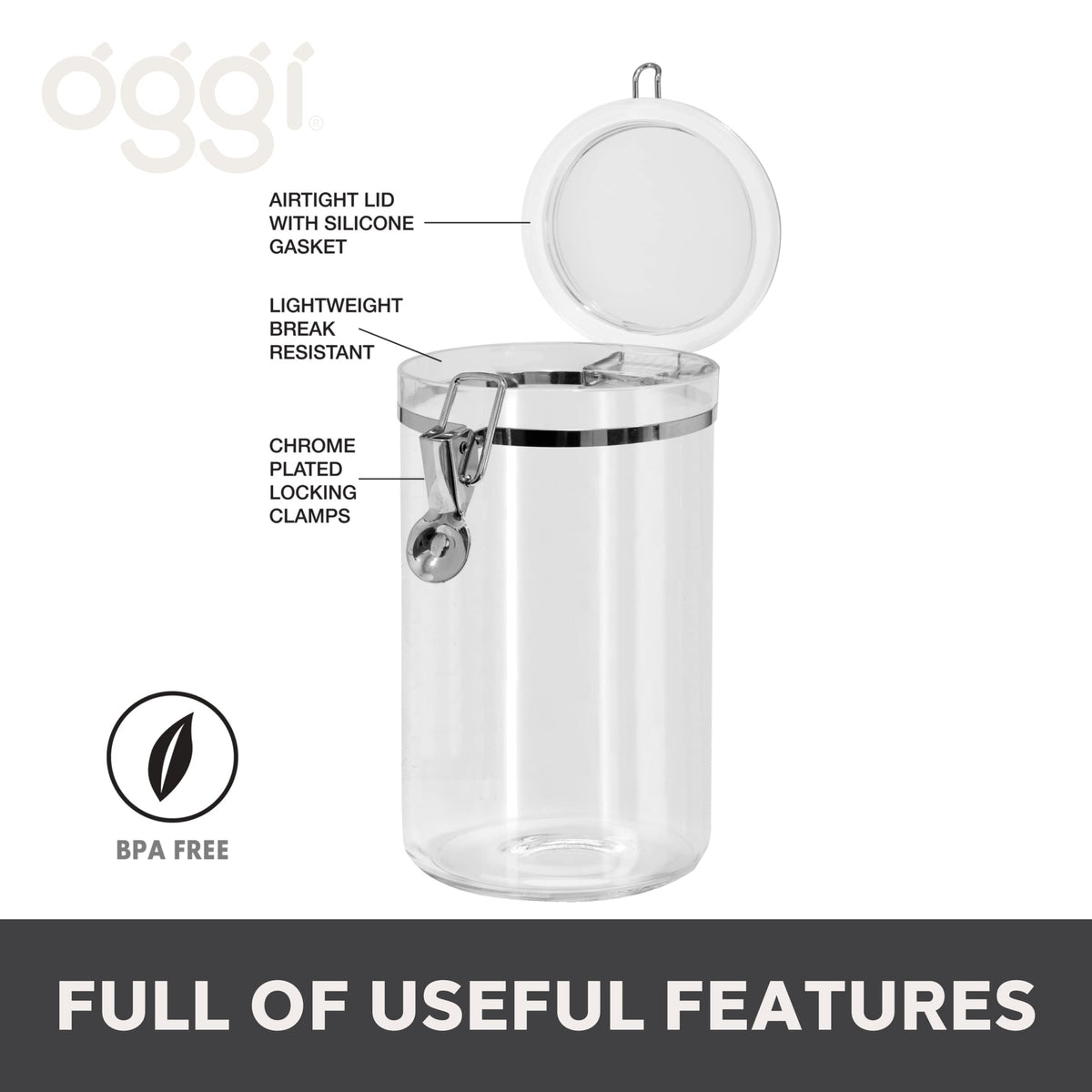 Oggi Large Clear Canister with Clamp Lid, 72 oz - Large Airtight Food Storage Container, for Kitchen & Pantry Storage of Bulk, Dry Foods, Pasta, Flour, Sugar, Coffee, Rice, Tea, Spices & Herbs