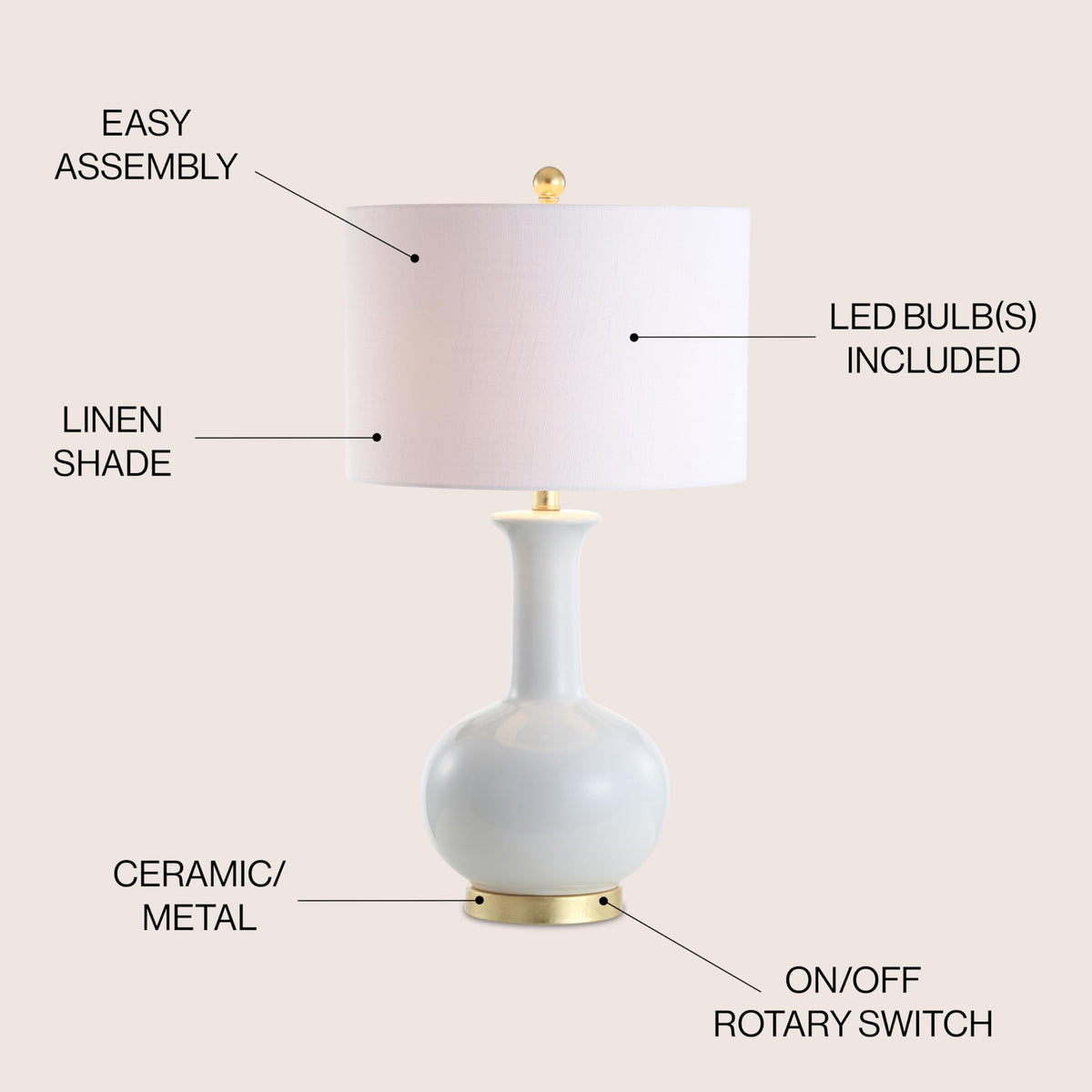 JONATHAN Y 27" White/Gold Ceramic Table Lamp for Living Room Bedroom, Modern Transitional Nightstand Lamp with White Linen Drum Shade, LED Bulb Included JYL6208A