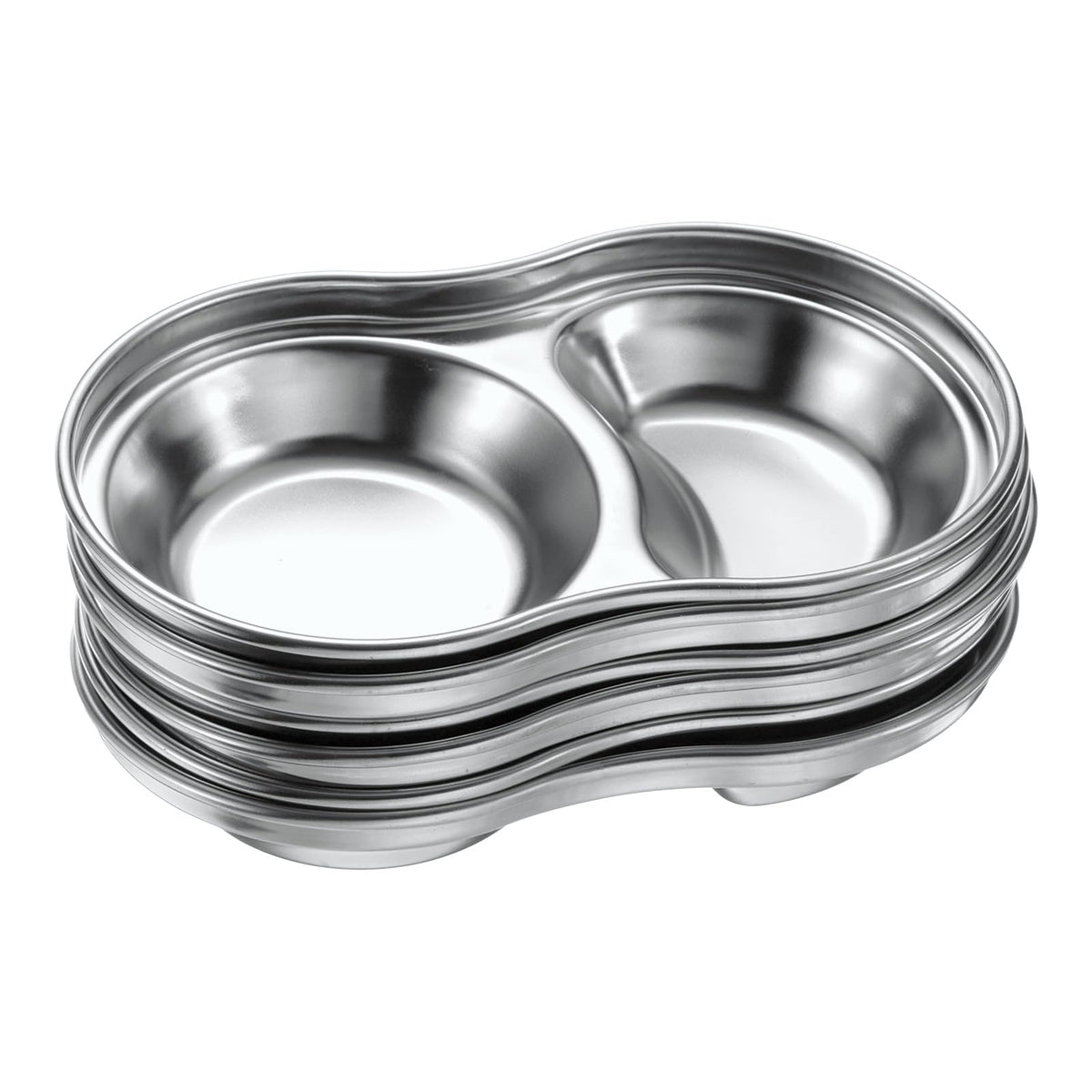 uxcell 6 Pack Stainless Steel Dish Dipping Bowls with 2 Round Compartment Divided, Metal Seasoning Plate Dipping Bowl for Condiment Home Party Restaurant Picnic Travel, Silver