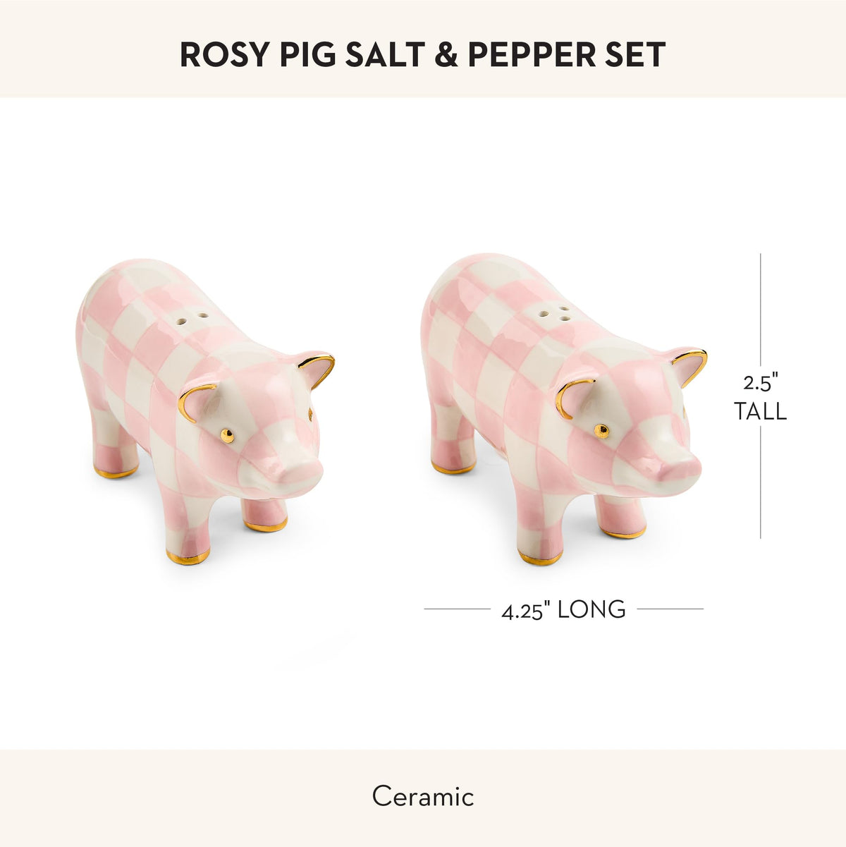 MACKENZIE-CHILDS Set of 2 Ceramic Salt and Pepper Shakers, Kitchen Table Accessories, Pink-and-White Rosy Pig