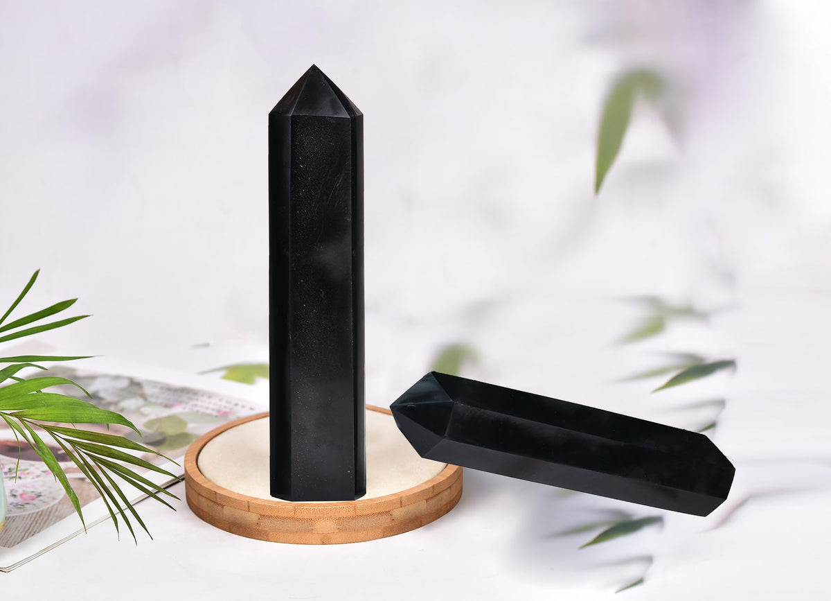 AMOYSTONE Black Obsidian Column 3.5-4 Lbs Hexagonal Crystal Tower Natural Volcanic Glass Obelisk Point for Living Room Feng Shui Home Display Bookcase Showcase Setup