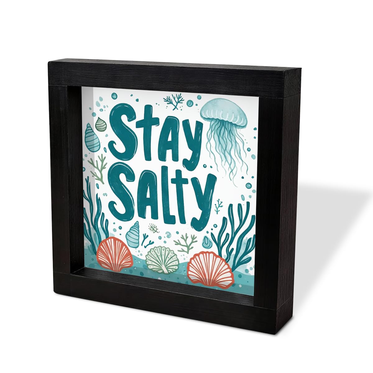 Beach Decorations for Home, Stay Salty Acrylic Sign with Wood Frame, SUmmer Beach Theme Decor for House Room Bedroom Bathroom Classroom 6.3 x 6.3 Inch