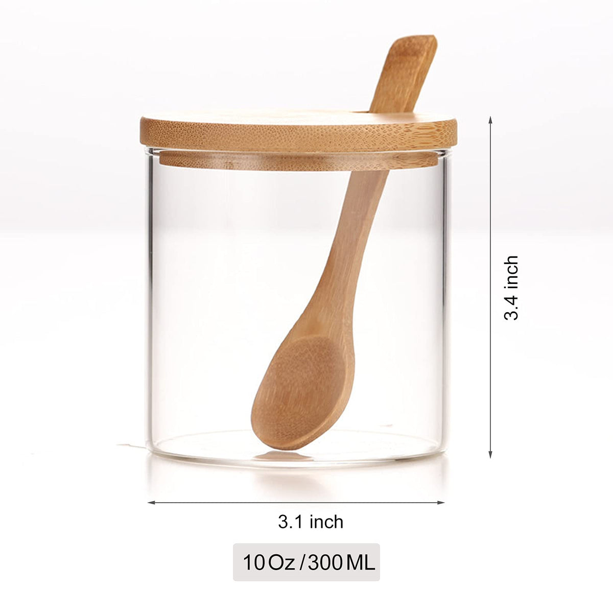 300ML/10Oz Clear Glass Jar with Bamboo Lid and Wooden Spoon, Cute Sugar Bowl Bath Salt Storage Canister Seasoning Container Condiment Pot with Scoop for Spice, Pepper for Kitchen, Table, Countertop