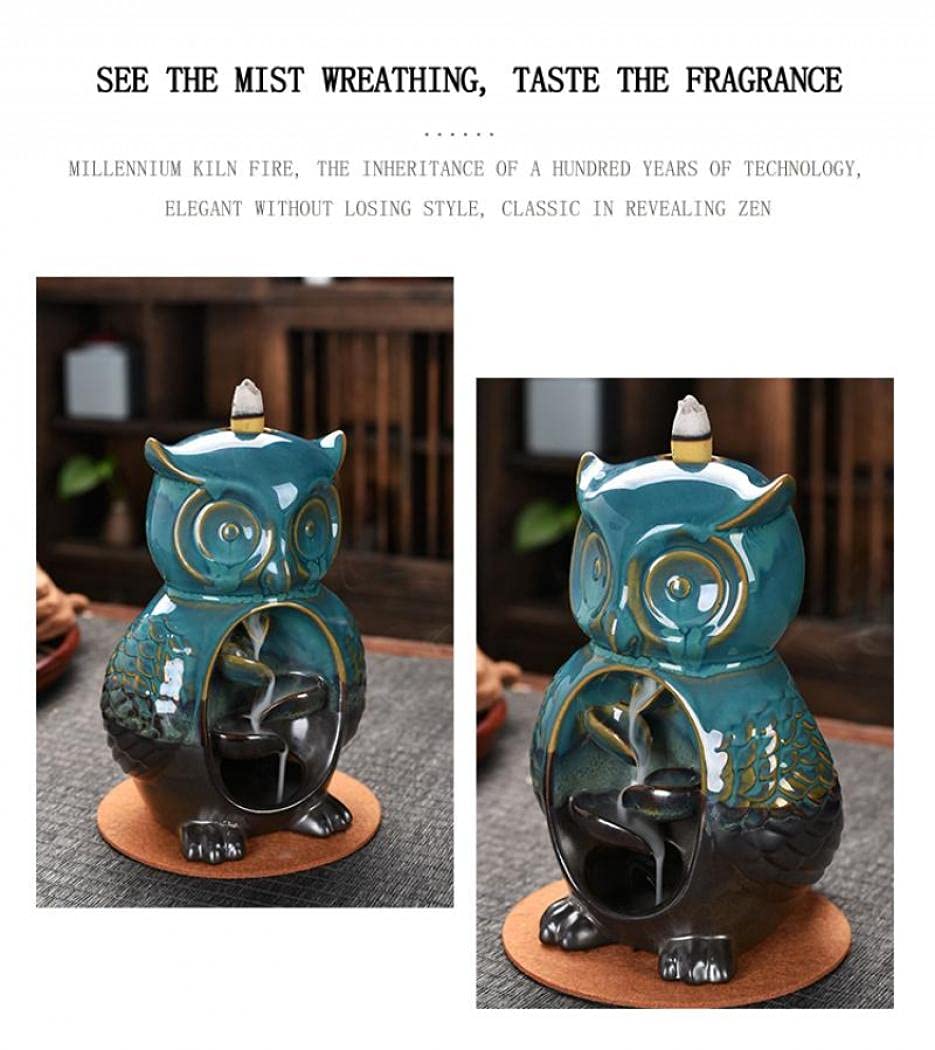 Backflow Incense Burner Holder Owl Shape Waterfall Porcelain Incense Holder Home Decor with Incense Cone Sticks Holder Incense Sticks Backflow Incense Cones Mat Tweezer Gift Set