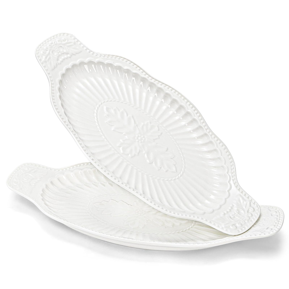Suwimut 2 Pack Porcelain Oval Serving Platters, 14 Inch Large Embossed White Serving Plates for Entertaining, Oven Safe Stackable Ceramic Dinner Tray for Fish, Meat, Appetizers, Fruits, Dessert