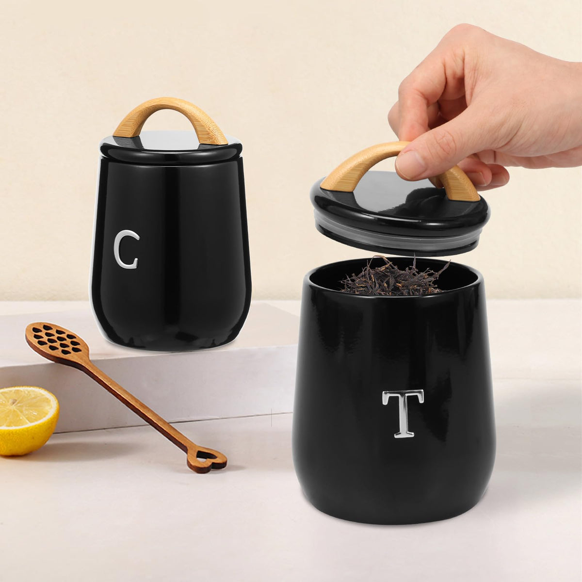 3Pcs Canisters Sets for Kitchen Countertop - Sugar and Coffee Container Set, Metal Moisture Proof Sealed Jar with Label, Kitchen Canisters for Coffee Beans, Tea, Sugar, Salt, Flour, Spices (Black)