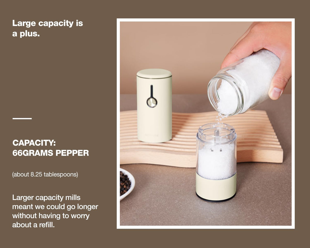 Stainless Steel Rechargeable Electric Salt and Pepper Grinder Set, USB Charging with Dust Cover, 6 Adjustable Grinding Modes + LED Light 2packBlack+Cream