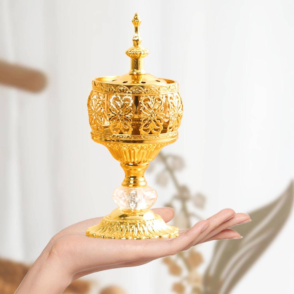 Xisakaca Gold Incense Burner Holder, Bakhoor Frankincense Charcoal Censer Resin Stand with Tongs, Ideal for Aromatherapy Yoga Spa, Home Christian Church Decor