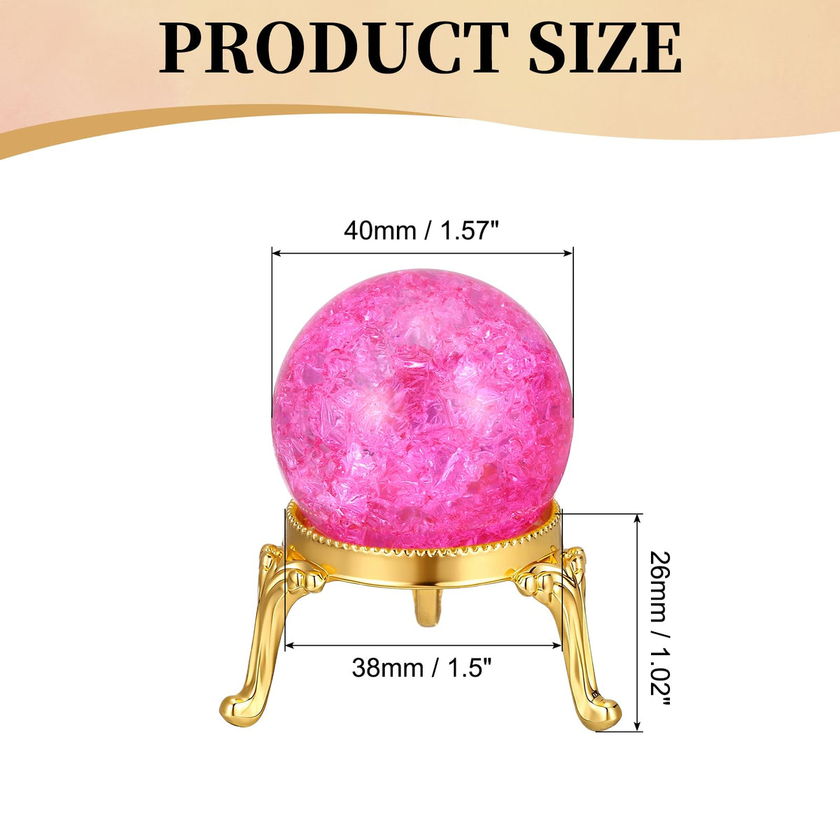 PATIKIL Crystal Ball 40mm, Ice Cracked Glass Ball with Metal Stand, Decorative Crystal Sphere Glass Paperweight for Home Office Table Decor, Pink/Gold