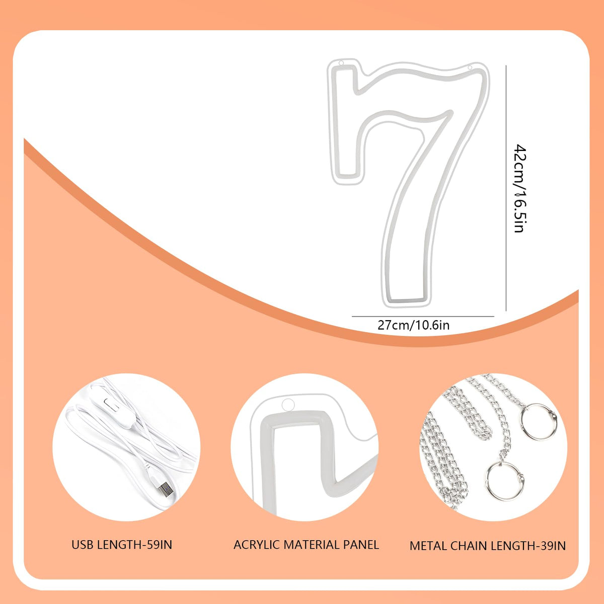 RumonZS Number 7 Light Up LED Neon Sign Backdrop 16.5" Birthday Party Decor Warm White Number One Light Up Sign USB Powered Big Number Sign Light for Birthday Night Light Party Anniversary Wedding