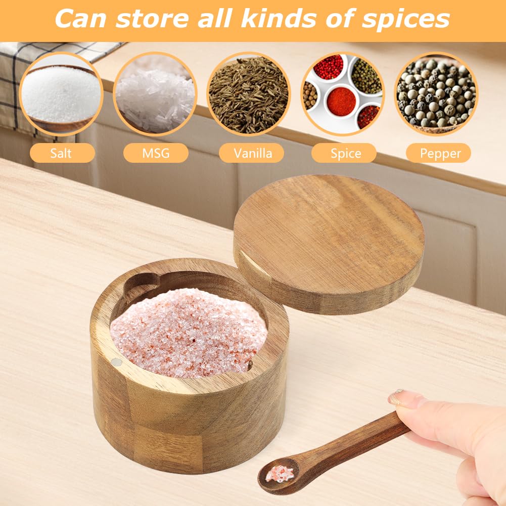 Velarionna Salt Cellar with Spoon – Wooden Acacia Bowl, Magnetic Lid for Pepper & Spices