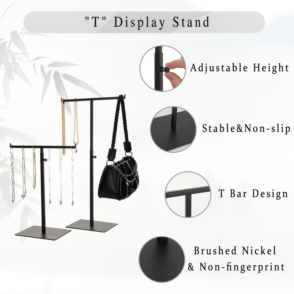 Purse Display Stand Jewelry Towers - 2 Pack Purse Stand Handbag Bag Display Black Tabletop Stainless Steel Hook Hanging Jewelry Stands for Necklaces Organizer Adjustable Height Home Store Boutique