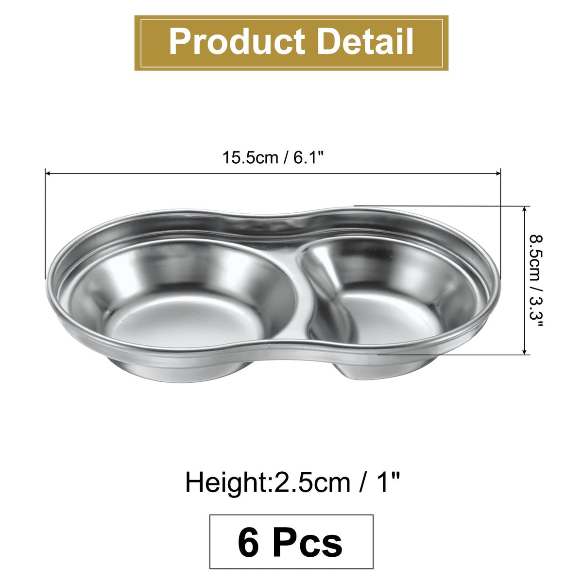 uxcell 6 Pack Stainless Steel Dish Dipping Bowls with 2 Round Compartment Divided, Metal Seasoning Plate Dipping Bowl for Condiment Home Party Restaurant Picnic Travel, Silver