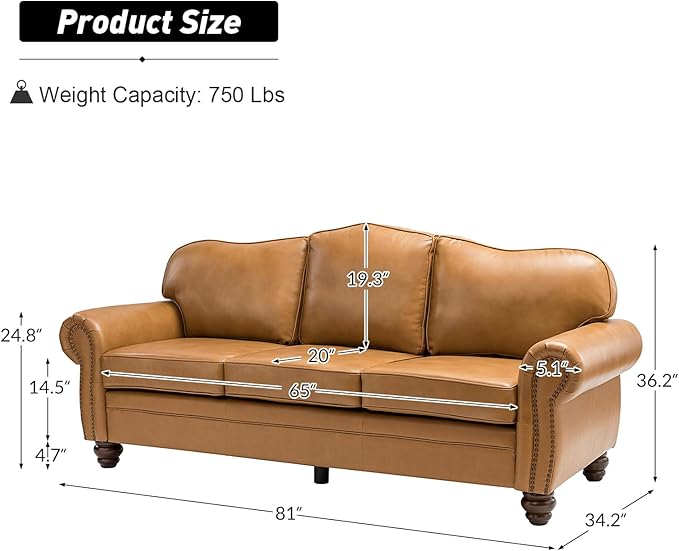 81" Genuine Leather Sofa, Classic 3-Seater Couchs