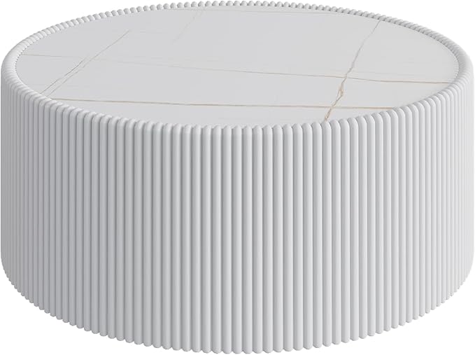 SSLine Round Drum Coffee Table Modern Sintered Stone Top Coffee Table in White