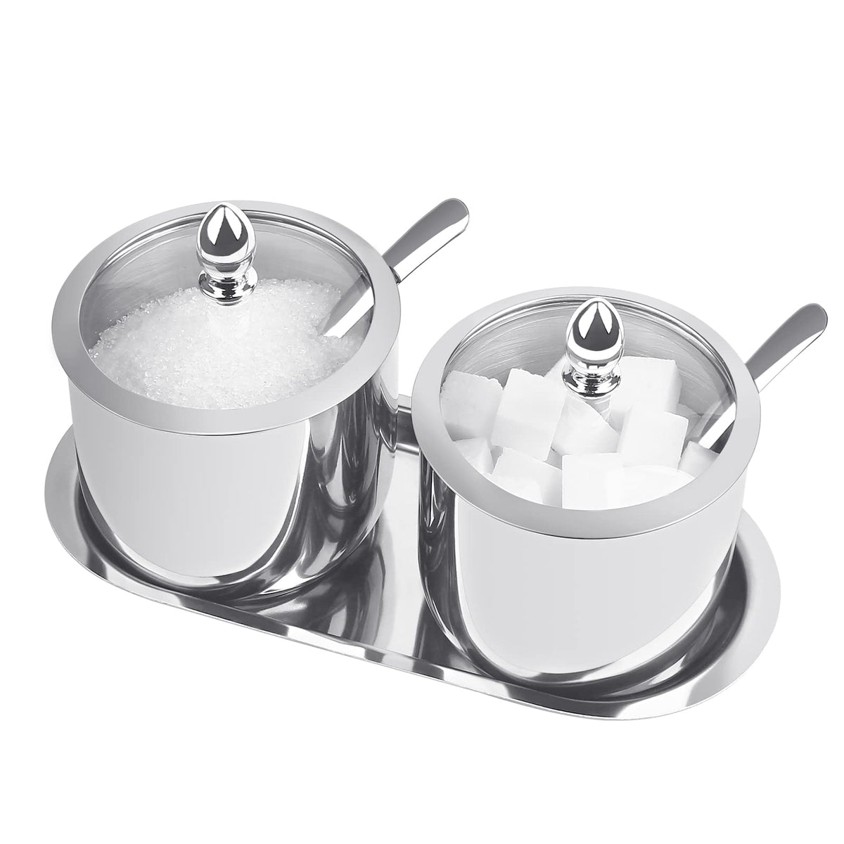 KEMIYIXIAN 2 Stainless Steel Sugar Bowl with Lid Spoon and Tray, Polished Shiny Sugar Bowl，for serving sugar Suitable for home and kitchen- 12 Oz/ 360m