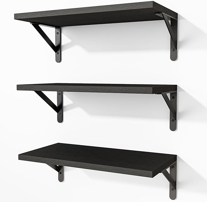 Fixwal Black Shelves for Wall, Wood Wall Mounted Floating Shelves for Bedroom