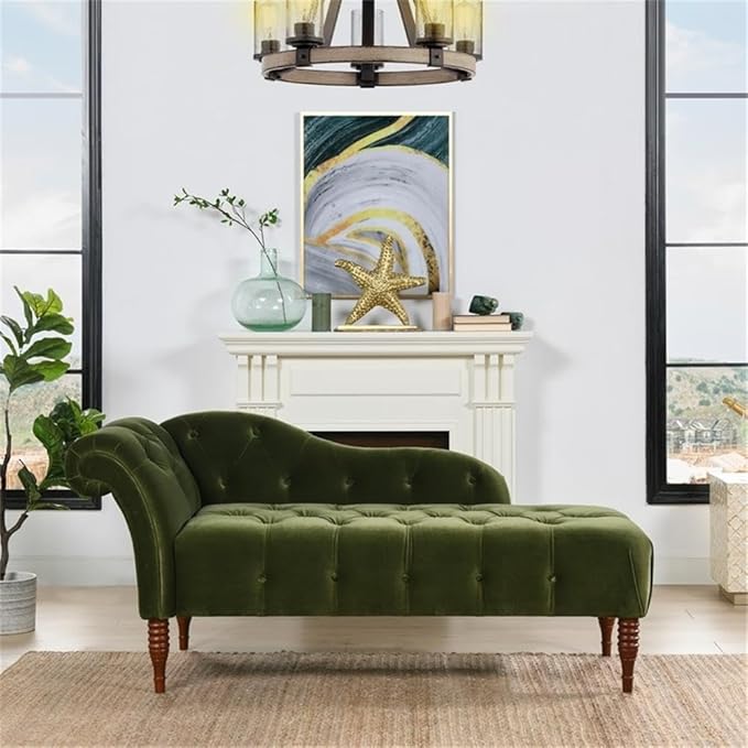 Pemberly Row Tufted Roll Arm Chaise Lounge, Olive Green Velvet Upholstery