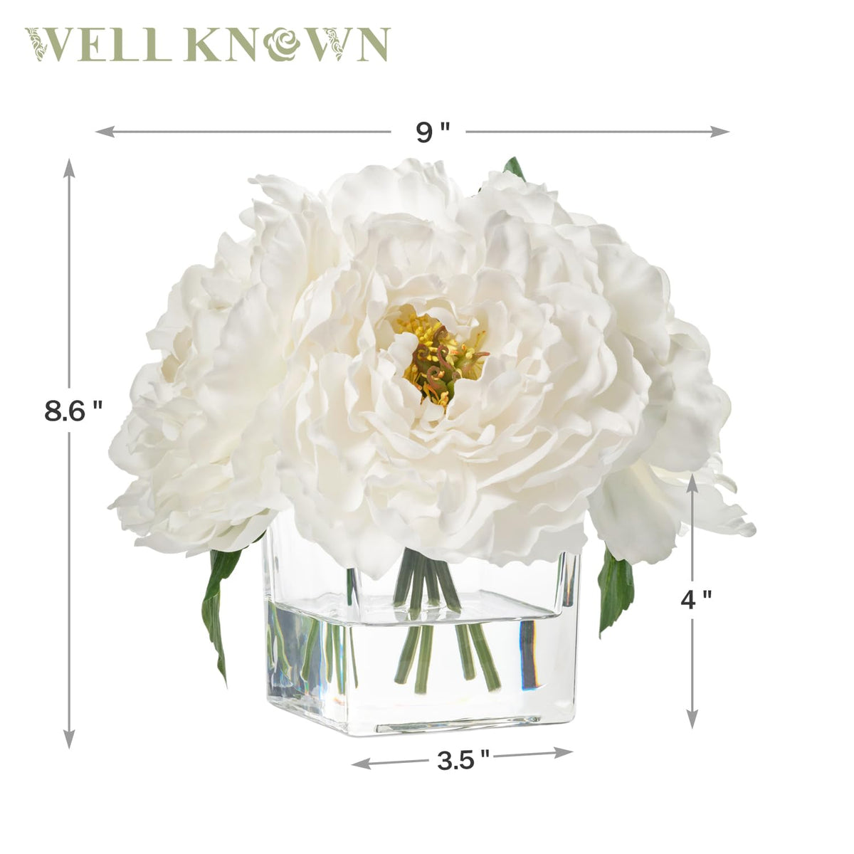 Artificial Peonies Flowers Arrangement in Cube Glass Vase, WELLKNOWN Ivory White Silk Flowers Centerpiece for Home Party Wedding Dining Coffee Table Decor, Faux Peony Flower Bouquet with Fake Water