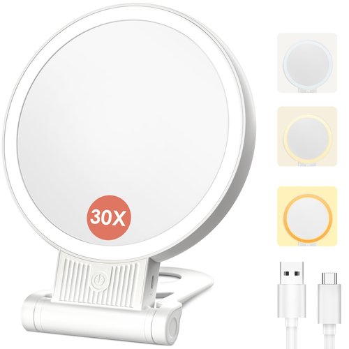1X/30X Magnifying Mirror with Light and Adjustable Brightness, Makeup Mirror with 360° Rotation Adjustable Folding Handle, Portable Rechargeable Double Sided Mirrors, Foldable Vanity Mirror (white)
