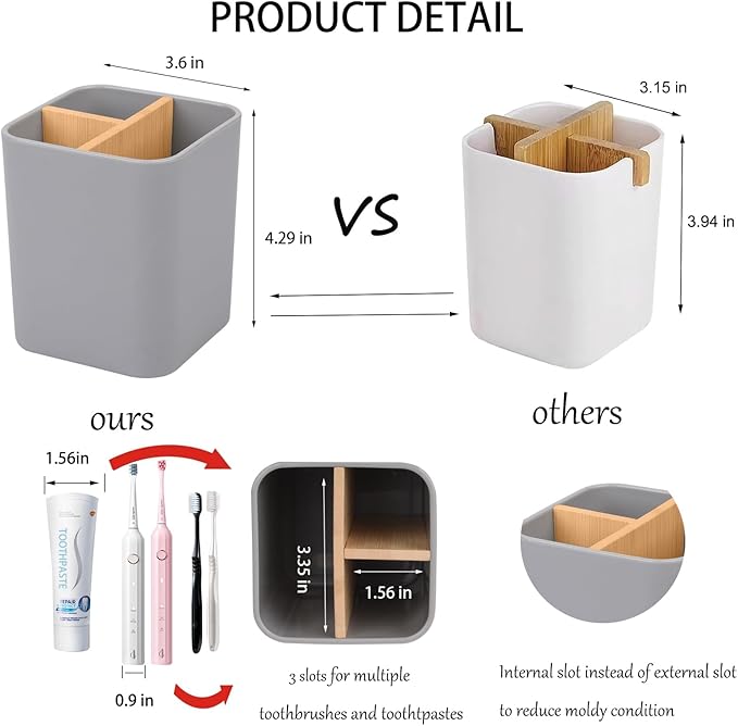 Bamboo Toothbrush Holder for Bathrooms, 3 Slots Toothbrush and Toothpaste