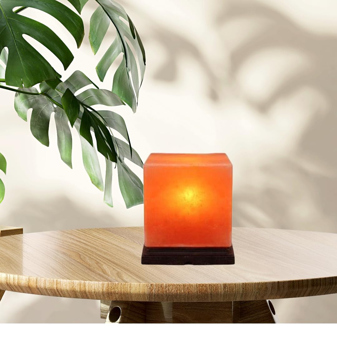NatureBoost Himalayan Pink Salt Lamp, Cube Shape, 8 x 6 x 6 Inches – Hand-Carved Natural Salt Lamp with Wooden Base, Warm Ambient Glow for Bedroom, Living Room & Home Décor