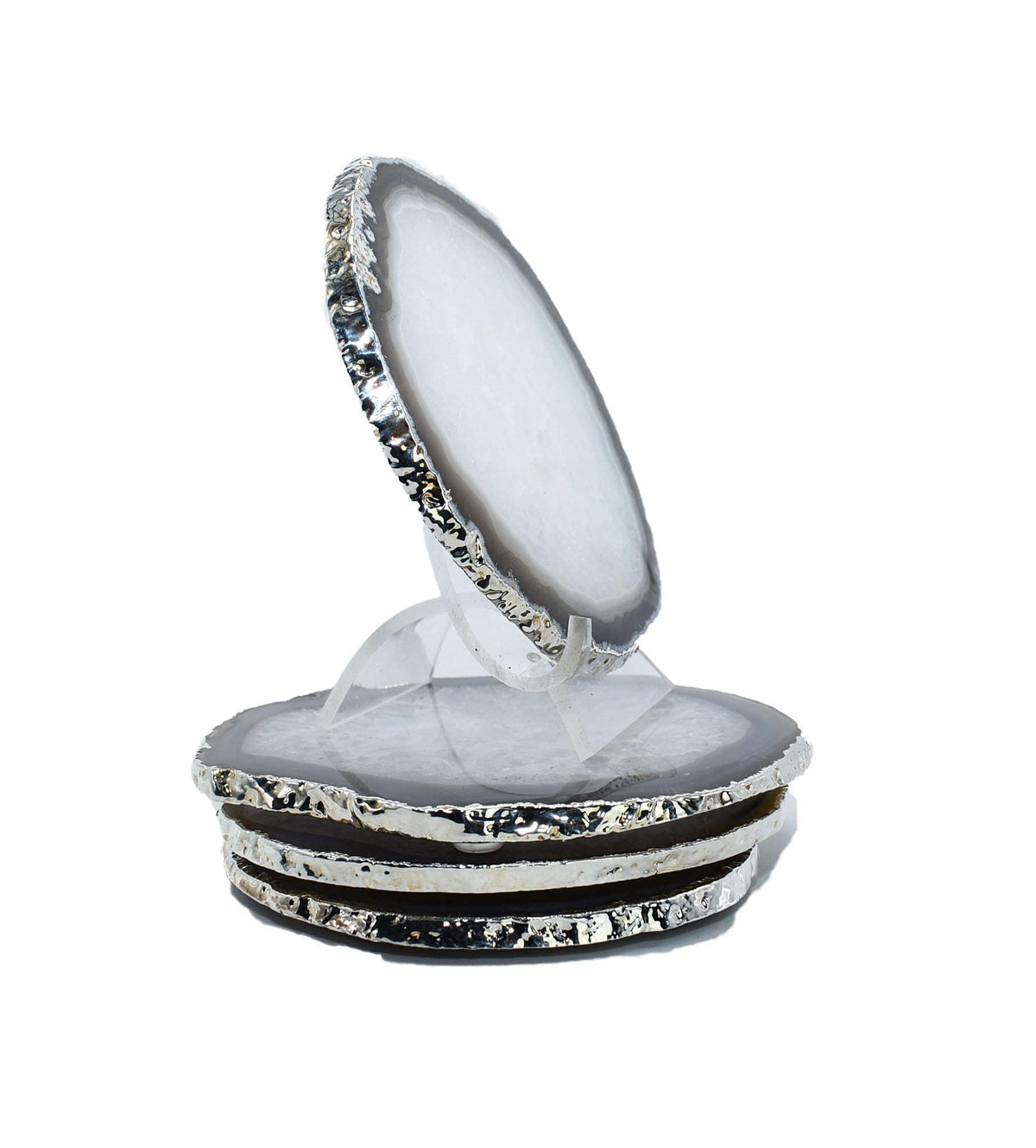 Nature's Decorations Natural Agate Stone Coasters with Real Silver Edge - Set of 4 Polished Geode Drink Mats for Dining & Coffee Table & Kitchen Decor No Dye 3.5-4" Diameter