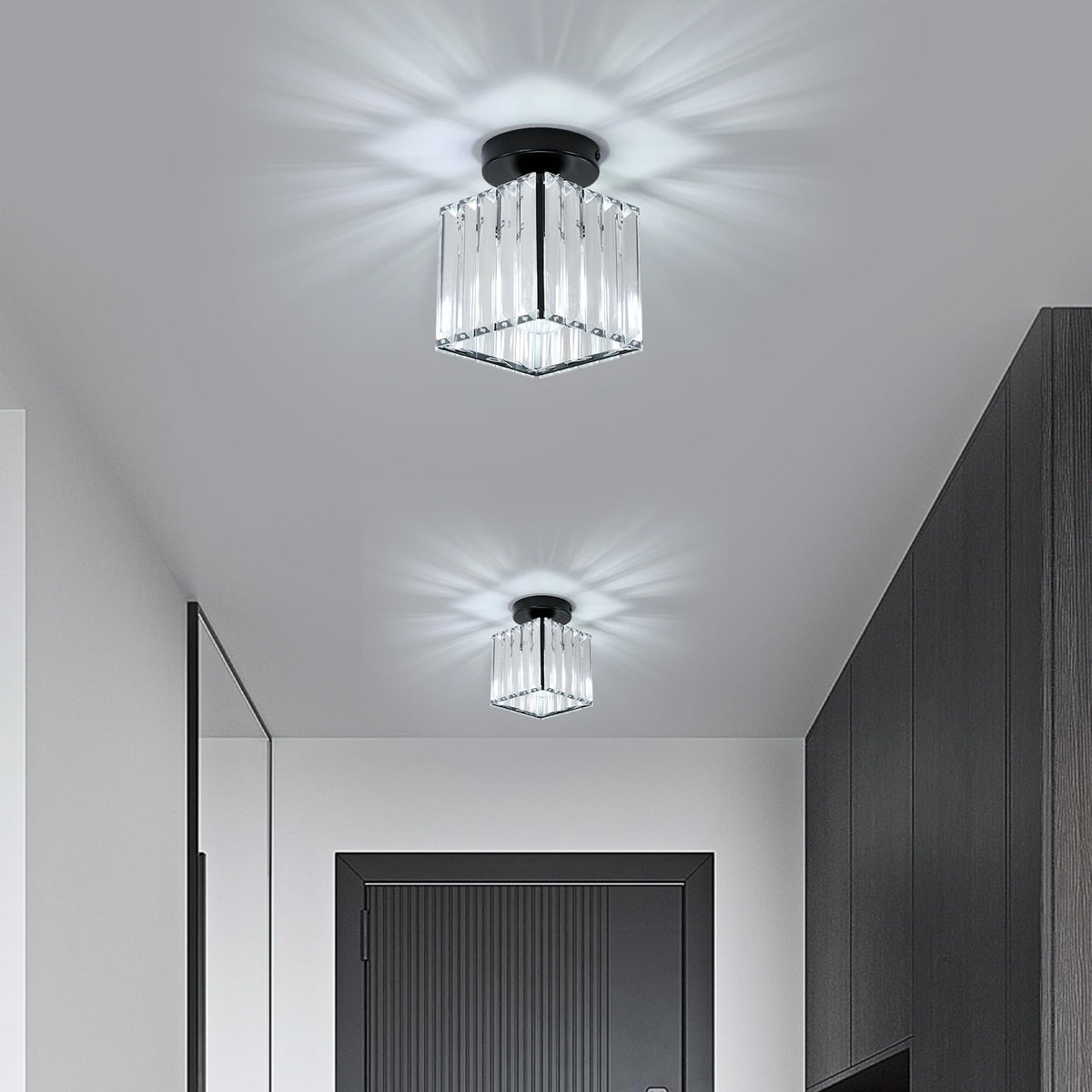 Goeco 2 Pack Square Crystal Semi Flush Mount Ceiling Light, 5.1 Inch Modern Black Mini Size Close to Ceiling Light Fixture for Hallway, Entryway, Stairway, Bathroom
