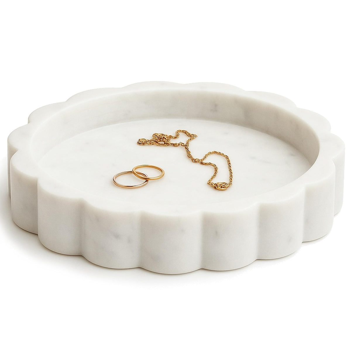 STRONA White Scalloped Marble Tray - 8" Round Stone Vanity Tray for Perfume & Jewelry, Marble Dish for Bathroom Countertop & Kitchen Counter, Decorative Tray for Bathroom & Kitchen, Modern Catchall