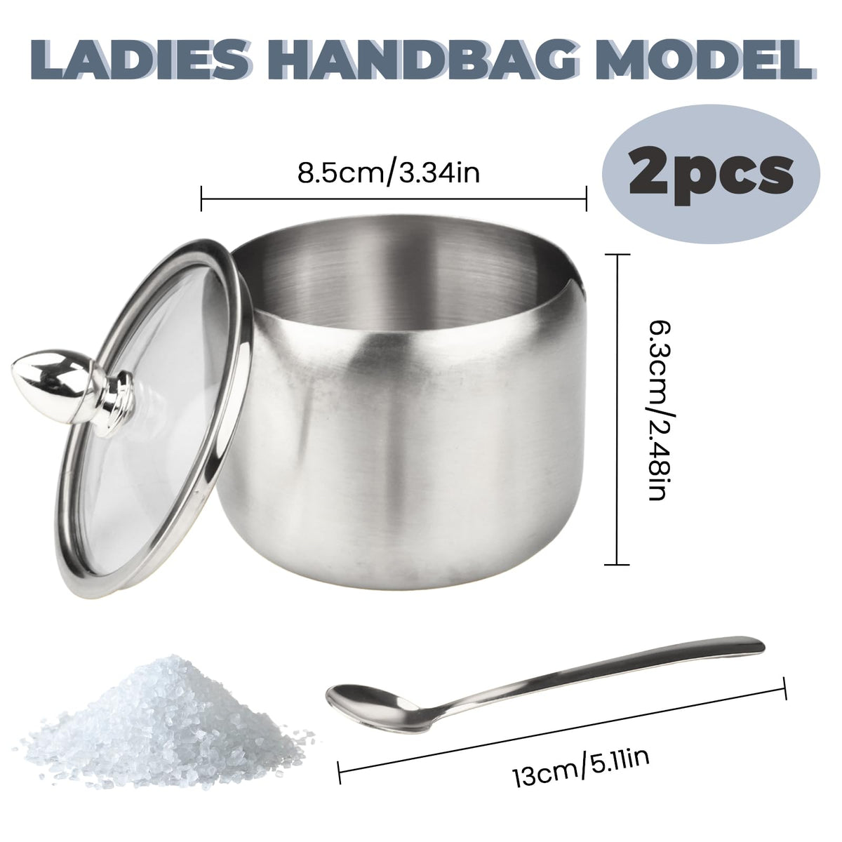 2 Pieces Stainless Steel Sugar Bowl with Lid and Spoon, 8.45 Oz/250 ML Sugar Container for Coffee Bar, Salt Bowls for Countertop Kitchen Storage Pepper Seasoning Coffee Bean Candy Spices, (Silver)