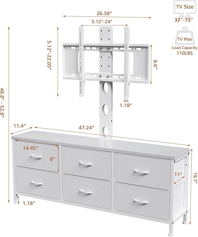 TV Stand with Mount, Fabric Dresser with 6 Drawers