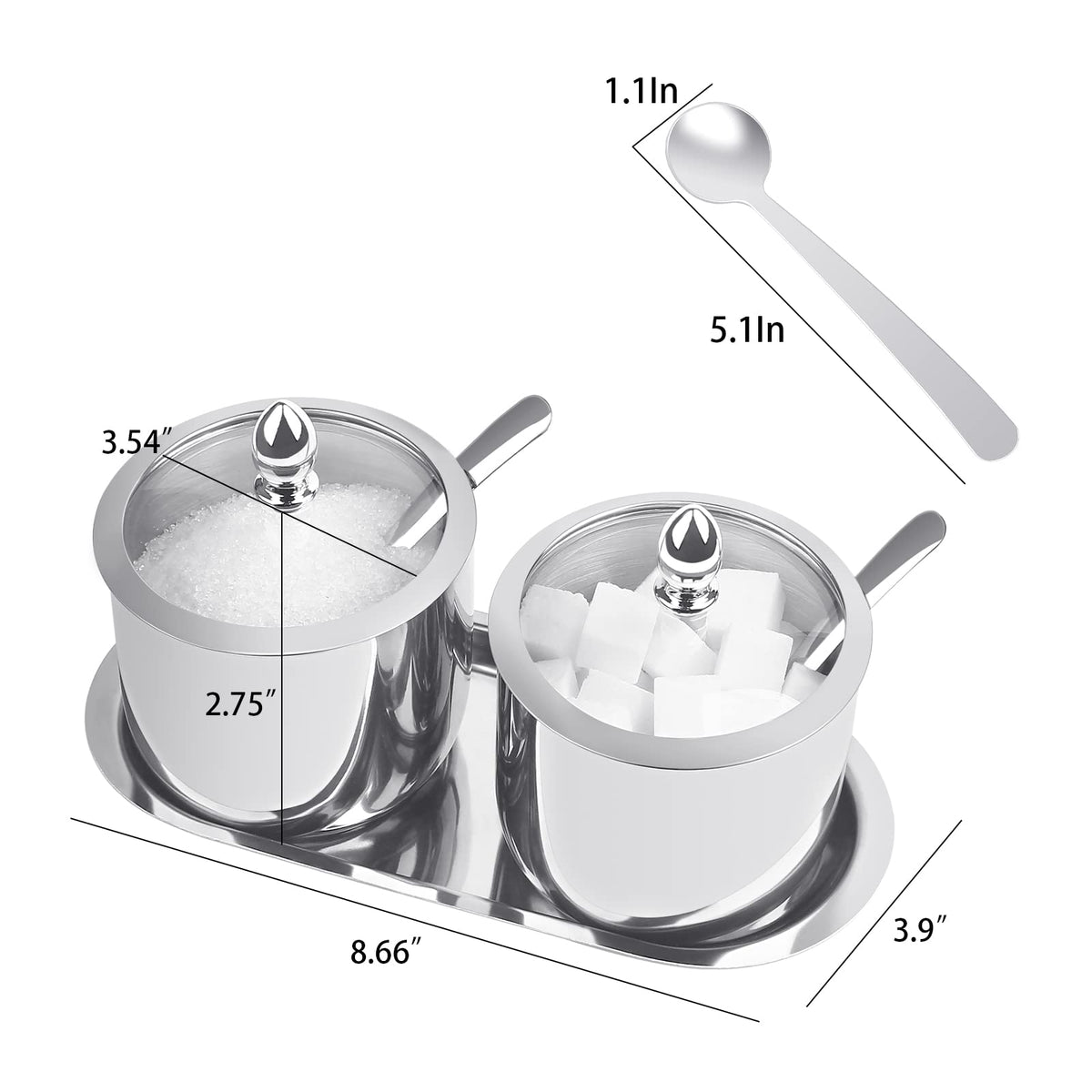 KEMIYIXIAN 2 Stainless Steel Sugar Bowl with Lid Spoon and Tray, Polished Shiny Sugar Bowl，for serving sugar Suitable for home and kitchen- 12 Oz/ 360m
