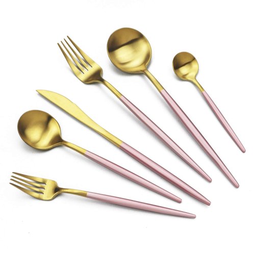 JASHII Luxury 18/10 Pink Handle Flatware Gold Silverware Set 304 Stainless Steel Flatware Cutlery Set| 24-Piece Adaline Royal Modern Satin Finish| BEST Birthday Wedding Gift (Pink Handle Matte Gold)