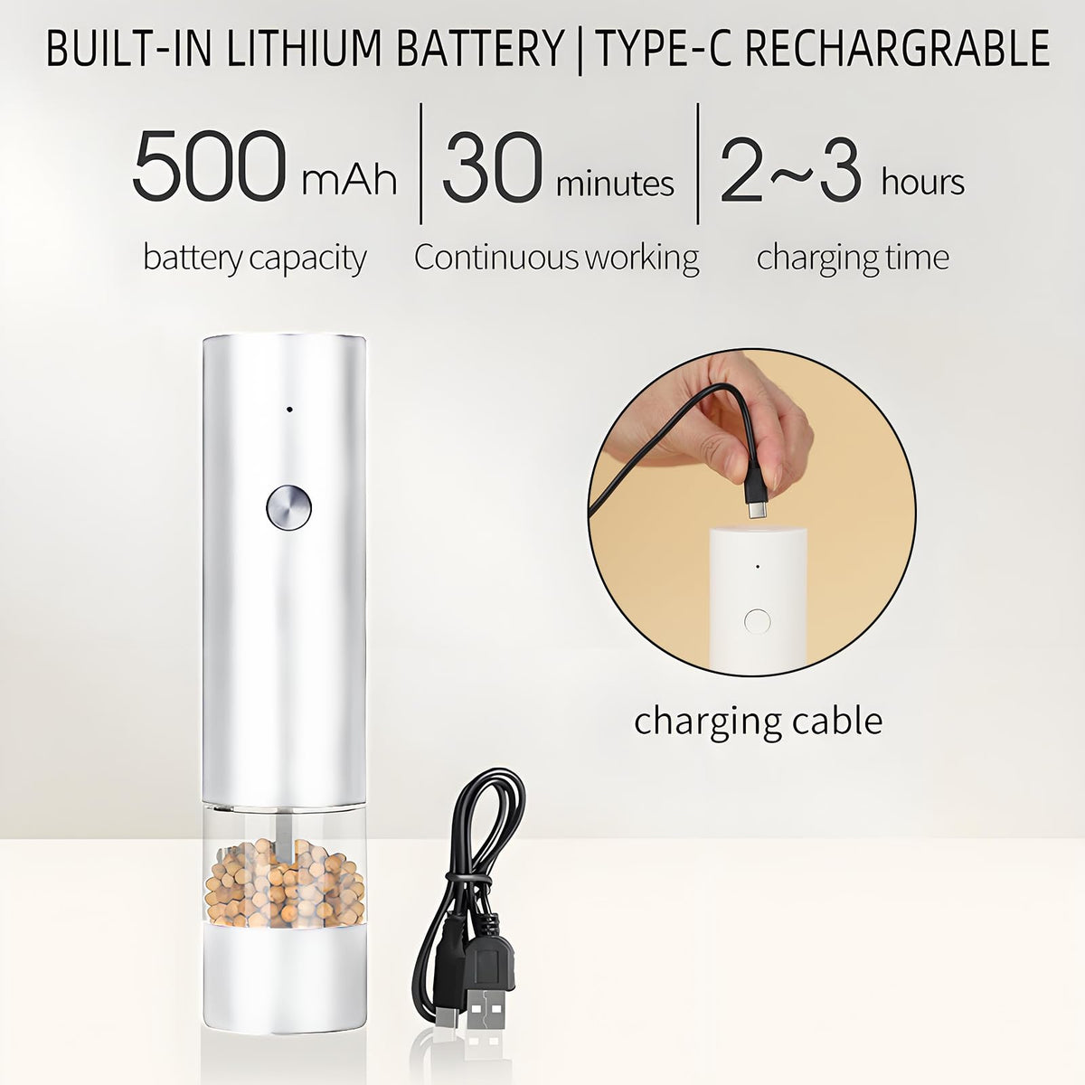 Electric Pepper Grinder,Electric Pepper Mill Grinder,Adjustable Coarseness,Efficient And Convenient,Easy To Clean,One Handed Operation,Type-C Rechargeable, A Reliable Assistant In The Kitchen(White)