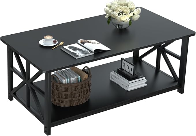 GreenForest Coffee Table with Round Corner, Farmhouse Center Table with 2-Tier