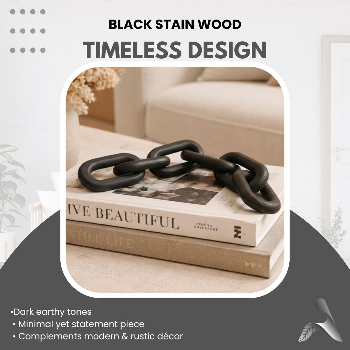 Boho Wooden Link Decor for Coffee Object for Coffee Table & Shelf Knot Sculpture, Farmhouse Rustic Shelf Natural Wood Chain Links for Living Room, Entryway, Console,Office Home Accent (Black Stain)