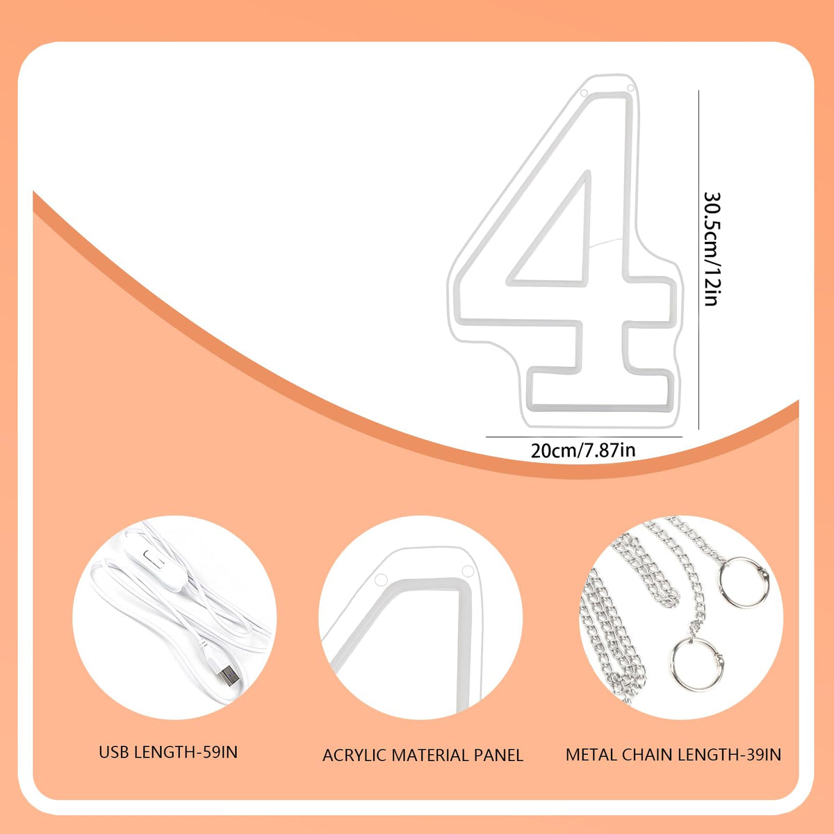RUMONZS LED Acrylic Light up Number, Decorative Transparent Light up Letters USB Powered Big Number Sign Light for Birthday, Night Light, Party, Anniversary, Christmas, Home Decor, Wedding 12'' (number4)
