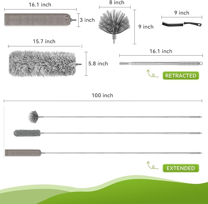 100-inch Duster with Extension Pole, 9-in-1 Cobweb Duster Kit Includes Spider
