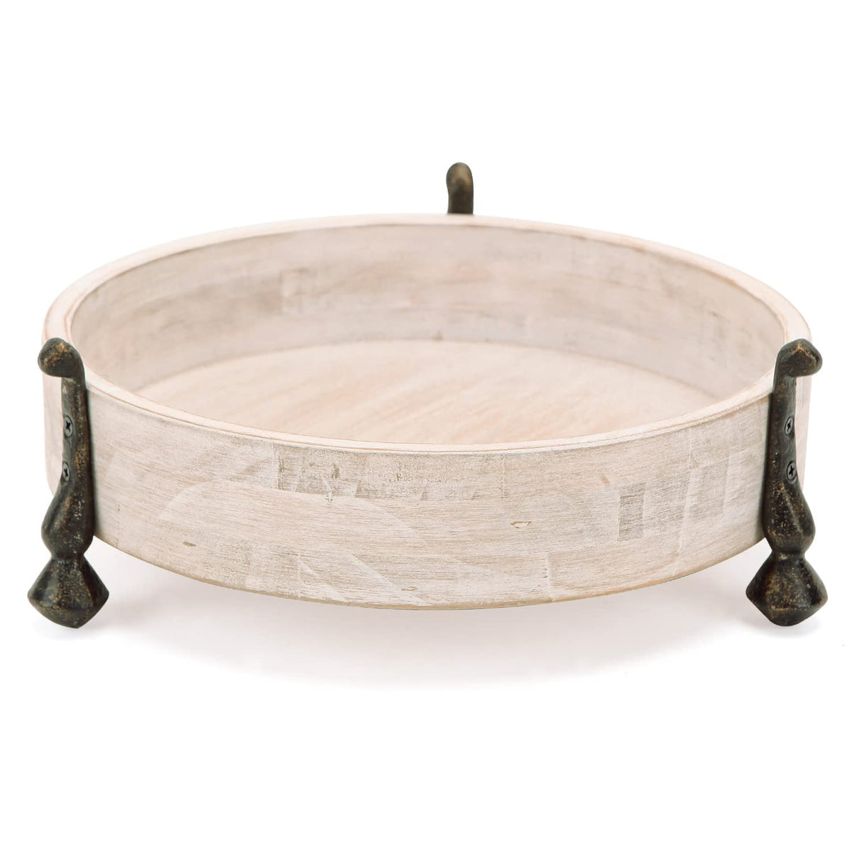 NIKKY HOME Round Wood Decorative Tray, 10 Inch Farmhouse Distressed Candle Tray, Centerpiece Decor for Coffee Bar, Kitchen Counter, Dining Room Table - White