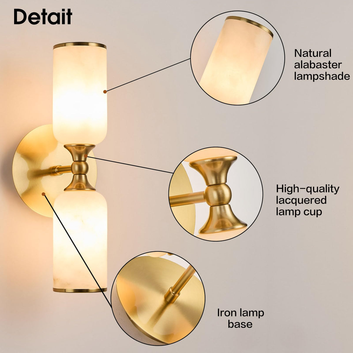 Fanyank 14.2Inch Natural Alabaster Wall Sconce, Nordic Style Natural Stone Wall Lamp, Marble Lampshade Up and Down Lighting Fixtures for Bedroom Living Room Kitchen Stairs Gold