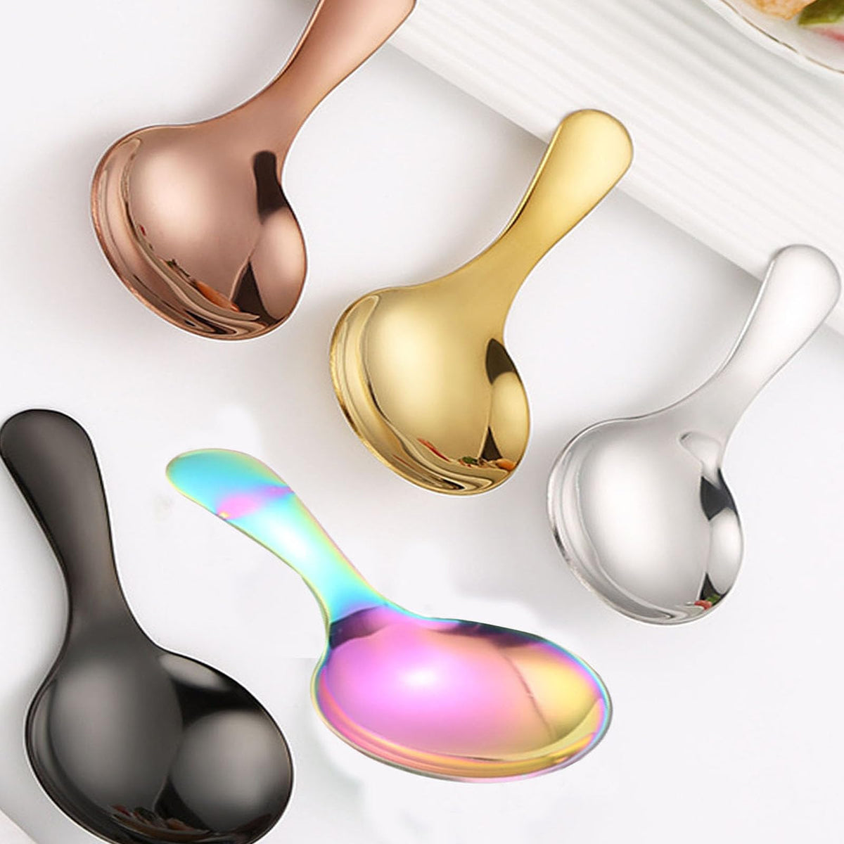 5 Pcs Stainless Steel Short Handle Thickened Small Round Spoons For Honey Candy Coffee Tea Salt Jam and Mustard - Ice Cream Dessert Spoon (A Multicolour)