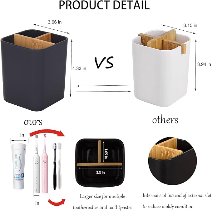Bamboo Toothbrush Holder for Bathrooms, 3 Slots Toothbrush and Toothpaste