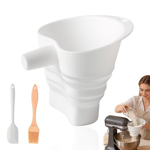 Flour Funnel for Kitchen Aid Mixer, Silicone Funnel with Spatula and Flour Brush, Anti-Splash Attachment for Kitchen Aid Artisan KSM150 5-Quart Tilt-Head Mixer, No-Mess Pouring Baking Tool (White)