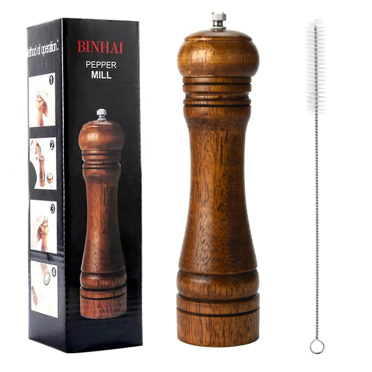 BINHAI Wooden Pepper Mill Pepper Grinder Kit Manual mills Solid With Strong Adjustable Ceramic Grinders Set 8 Inches