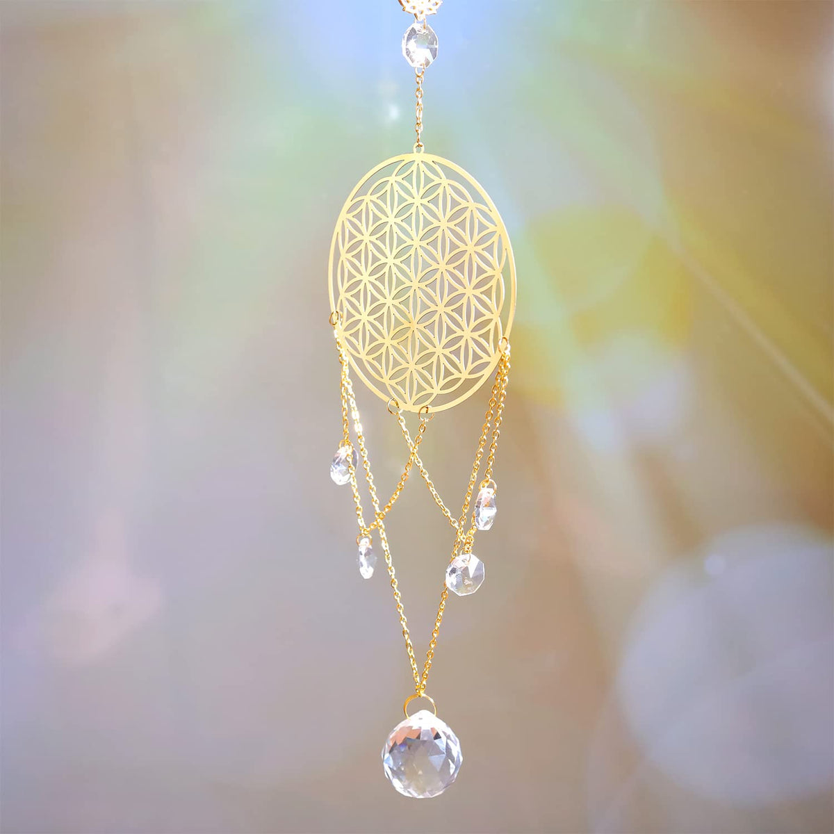 Ascending Chi Flower of Life Crystal Suncatcher, Sacred Geometry Wall Decor, Home Office Garden Decorative Hanging Ornament