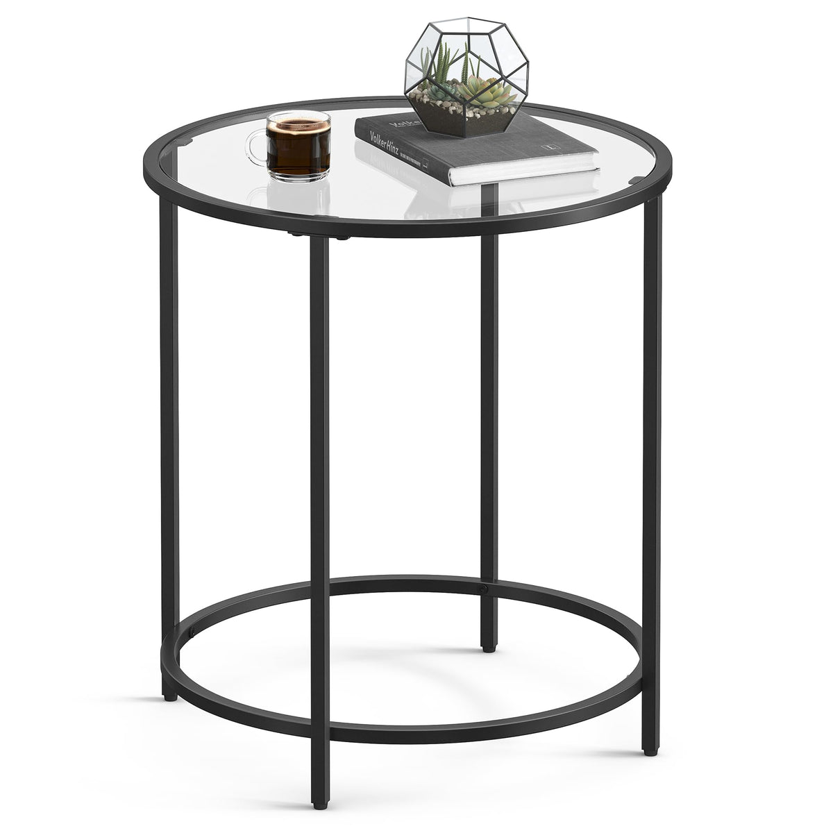 VASAGLE Round Side Table, Glass End Table with Metal Frame, Black Coffee Table with Modern Style, for Living Room, Balcony, Bedroom, Black